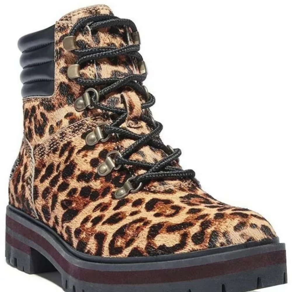 Timberland London Square Cheetah Print Calf Hair Lug Sole Block Combat Boots